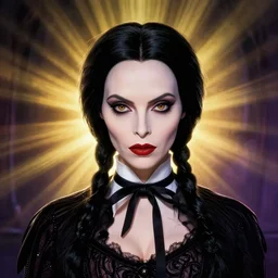 a frontal face portrait of Morticia Addams + 25mm f/1.7 ASPH Lens + backlit + incredible lighting+ strong rim light + highly detailed + god rays + digital painting + HDRI, by Alvaro Castagnet, Peter Mohrbacher and Dan Mumford, vivid colors, high contrast, 8k resolution, intricate, photorealistic, smooth
