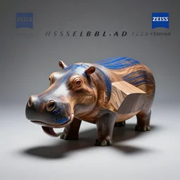 studio zeiss 1 5 0 mm f 2. 8 hasselblad, a photo of a model hippo made of repurposed elm wood composite mixed with straight lines blue epoxy resin, dramatic lighting, award - winning photo