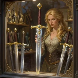 shop window for magical weapons, close up blonde shopkeeper, female, magic sword, deep focus, d & d, fantasy, intricate, elegant, highly detailed, digital painting, artstation, concept art, matte, sharp focus, illustration, hearthstone, art by artgerm and greg rutkowski and alphonse mucha