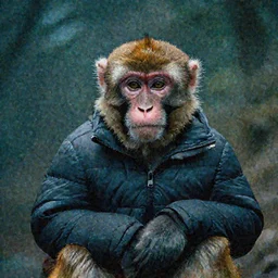 a monkey wearing a puffer jacket, moody, cinematic colors, bokeh