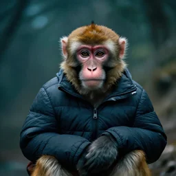 a monkey wearing a puffer jacket, moody, cinematic colors, bokeh