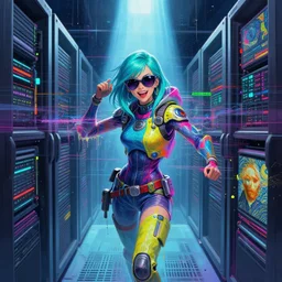 an angelic female hacker with turquoise hair in vast cyberspace glitching through a vulnerable server, wearing sunglasses, futuristic clothes, vibrant colors, rule of thirds, spotlight, drips of paint, expressive, passionate, by greg rutkowski, by jeremy mann, by francoise nielly, by van gogh, digital painting