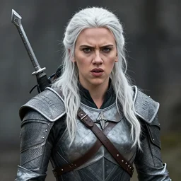 scarlett johansson cast as ciri in the witcher netflix series, battle scene, wearing armour, long white hair, glaring angrily, realistic body proportions