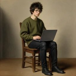 portrait of a shaggy black haired teenager with glasses sitting on a chair, clothed with an olive colored sweater and a black jean, with a laptop on his lap, full body, renaissance painting, art by Michelangelo, ultra detailed, high resolution, masterpiece