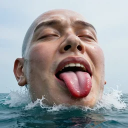 a massive sculpture of a squashed human face with 3 tongues made out of dripping jelly on the ocean water, cinematic, hyper - realistic, very detailed, realistic water splashes, ray tracing, 8 k resolution, long - shot, sharp focus, low angle, 8 5 mm photograph, wide lens