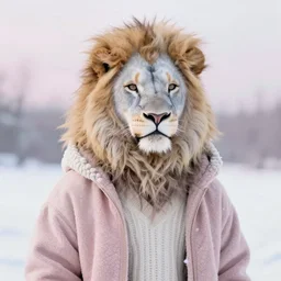 aesthetic portrait commission of a albino male furry anthro lion wearing a cozy outfit in the snow pastel, Character design by charlie bowater, ross tran, artgerm, and makoto shinkai, detailed, inked, western comic book art, 2021 award winning painting