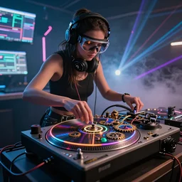 a woman wearing goggles and visor and headphones using an intricate clockwork record player turntable contraption, wires and tubes everywhere, turntablism dj scratching, intricate planetary gears, cinematic, imax, sharp focus, led light strips, bokeh, iridescent, black light, fog machine, hazy, computer screens, lasers, light trails, hyper color photograph