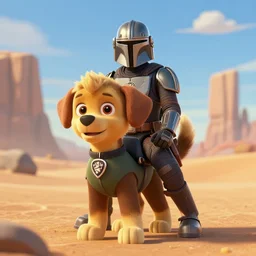 mandalorian as a paw patrol dog, star wars desert, anime, disney, pixar, 8 k, hd, kodak film, volumetric lighting, subsurface scattering, photorealistic, octane render, details, xgen fur