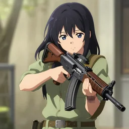 anime girl with realistic assault rifle photo by kyoto animation