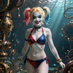 underwater lofi bioshock steampunk biopunk portrait of harley quinn in bikini, Pixar style, by Tristan Eaton Stanley Artgerm and Tom Bagshaw.