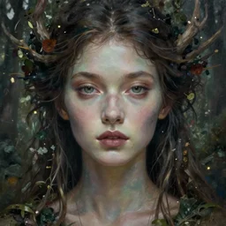 portrait of beautiful forest goddess unusual beauty, esoteric, muted colors, head in focus, fantasy art, nature aesthetics, intricate, elegant, highly detailed hyperrealistic painting, artstation, concept art, painterly, sharp focus, illustration, art by emilia elfe