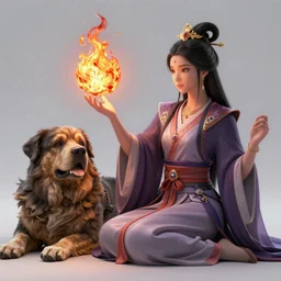 asian sorceress casting fireball, loung with her giant pet dog, detailed digital 2d fantasy art