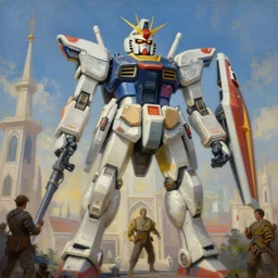 a giant buddha gundam, thailand architecture, mosque architecture, fantasy scifi, tim hildebrandt, wayne barlowe, bruce pennington, donato giancola, trending on artstation, cinematic composition, beautiful lighting, hyper detailed, 8 k, oil on canvas