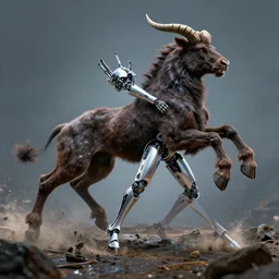 a cyborg being impaled by a minotaur