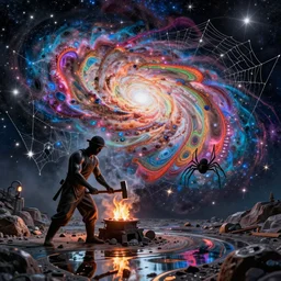 a galaxy exploding, psychedelic colors, a blacksmith swinging his hammer at his forge, realistic reflections, body building blacksmith, stars, psychedelic patterns, fractal, rippling fabric of reality, the spider that weaves the web of time, sharpen lines, a sense of movement