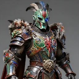 fantasy art hyper ultra 4 k photo of a bizarre metal colorful armor warrior green red blue black glowing eyes mask made of ceramic clay feather trim intricately spectacular magnificently story carved by a master engraver by h. r. giger