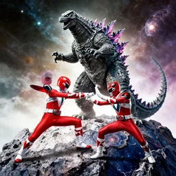 The Power Rangers Megaforce having a break dance battle with Godzilla on top of the universe
