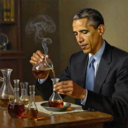a painting of obama making potions with walter white, in the style of grant wood, amazing detail