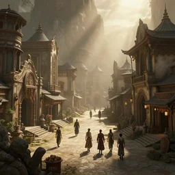 an art deco townsquare in a oriental medieval fantasy village. incredible voluminous indirect soft glow cinematic lighting, hyperdetailed features, movie still, intricate, octane render, unreal engine, crepuscular rays, god rays, by beeple and rhads and donato giancola