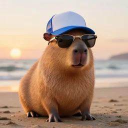 a photorealistic picture of a knitted Capybara wearing sunglasses, a blue trucker hat and smiling at the beach during sunset Trending on Artstation, featured on Behance, well-rendered, fine detail, extra crisp image, Unreal Engine, 4K HD