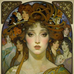 realistic detailed face portrait of a beautiful young otherworldly ethereal alien geisha by alphonse mucha, ayami kojima, amano, charlie bowater, karol bak, greg hildebrandt, jean delville, and mark brooks, art nouveau, neogothic, gothic, rich deep moody colors, surreal majestic dreamscape