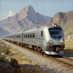 a painting of a train on a track with mountains in the background, a detailed matte painting by chesley bonestell, cgsociety, retrofuturism, ue 5, sci - fi, futuristic
