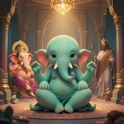 cute cthulhu, ganesh and jesus inside the palace of pondering, looking for the answers to life's greatest riddles