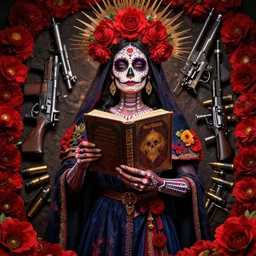 Mexican masterpiece of santa muerte with the book of souls in her hand, and surrounded by guns, ammunitions and red flowers as afrendas + no crop, visionary art, extremely high detail, realistic, octane render, post processed,