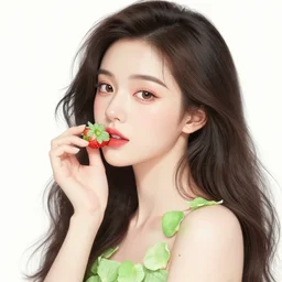 the portrait of an absurdly beautiful, graceful, elegant, young woman made of strawberries and green petals, an ultrafine hyperdetailed illustration by kim jung gi, irakli nadar, intricate linework, bright colors, octopath traveler, final fantasy, angular, unreal engine 5 highly rendered, global illumination, radiant light, detailed and intricate environment