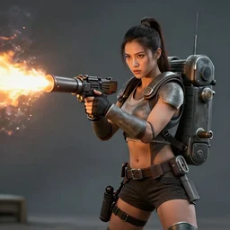photo of female warrior with jetpack and flamethrower