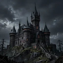 a fantasy goth castle on hill, digital art, photorealistic, dark theme, smooth, sharp focus, artgerm, alphonse mucha