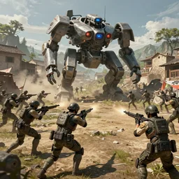 Ragtag militia fighting advanced combat robots in a village, combat photography by Feng Zhu, highly detailed, excellent composition, cinematic concept art, dramatic lighting, trending on ArtStation