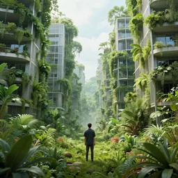 a man finds himself alone in a world where plants are overgrown, taking over modern buildings, digital art.