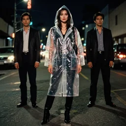 epic masterpiece full body portrait a beautiful woman wearing a transparent plastic rain coat on the streets of Los Angeles at night  in Bladerunner (1982), by Edgar Maxence and Ross Tran and Michael Whelan