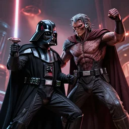 morbius fighting darth vader, star wars, unrealengine, hyper realistic, comic book