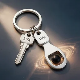 the key to life on a keychain that also has a bottle opener orbiting a blackhole