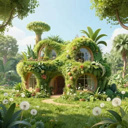 beautiful organic house made of imaginary plants and dandelions in a serene garden, architectural render, chillwave, futuresynth, outrun, by gabriel dawe, skottie young and jessica rossier, vegetal architecture, by isaac cordal 2, junglepunk, blender, trending on behance
