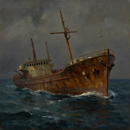 a wooden shipwreck is surfacing at sea, oil on canvas, chiaroscuro, dramatic illumination
