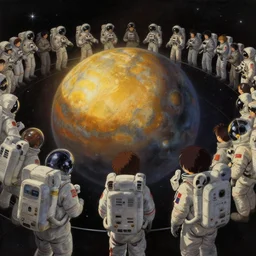 the air is like velvet, and the people are like a planetarium. the people are like an astronaut simulator. this is the future of the jet packs. by studio ghibli painting, by ohara koson and thomas kinkade, golden hour, crisp quality and light reflections, rule of thirds, volumetric lighting, confident, moody, octane render