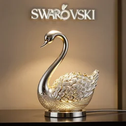 luxury table lamp with a swan shape, intricate details, designed by swarovski, advertising photography