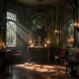 realistic photo of an occult art nouveau room interior, old furniture, altar, candles, gloomy volumetric lights