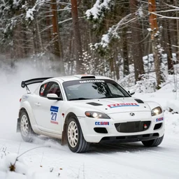 a 2 0 0 4 mazda rx - 8 mazdaspeed, racing through a rally stage in a snowy forest