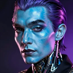 hyperrealistic close-up of art deco cyborg man with purple hair and pearlescent blue skin dali machiej kuciara very dramatic neon lighting on one side wide angle 35mm shallow depth of field