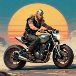 a badass viking dude riding a futuristic motorcycle, retrofuturism