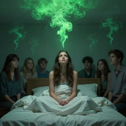 a woman sitting up in bed at night [ [ looking ] ] at the ceiling, covered in blankets, green smoke!!!!! surreal concept art, lifelike, photorealistic, digital painting, aesthetic, smooth, sharp focus, artstation hd, artgerm and by greg rutkowski, bruce pennington, valentina remenar, rhads, asher duran,