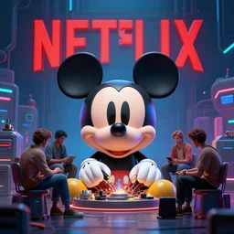 group of people sitting around the 3 d head of mickey mouse, netflix logo on the background, by syd mead, cyberpunk art, repairing, tranding on artstation, cgsociety, dystopian art, masterpiece, octan render