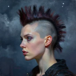 closeup, mohawk, cyberpunk woman, surreal photography, starlight, storm clouds, impressionist painting, digital painting, artstation, simon stalenhag