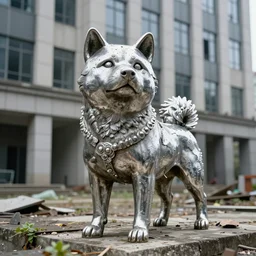 a weathered shiny chrome shiba in statue in the ruins of an office building