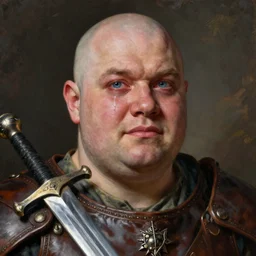 rulf mournhell, solo male weary soldier, young adult, bald, lumpy head, weepy blue eyes, oblong ugly face, overweight, portly, jovial, leather armor, shortsword, clear symmetrical eyes, a male dnd fighter's portrait, clear eyed, realistic, by brian patterson and rhads!!!, palette knife background