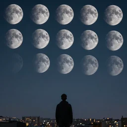the sky is crowded with many multiple gray moons. a thousand gray moons in the sky. focus on the sky. man looking at the gray moons in the city clear night sky. moons moons moons moons! moon grid. fantasy art by noah bradley, patrick woodroffe, chris rahn. extremely high details, realistic, masterpiece, artstation contest winner